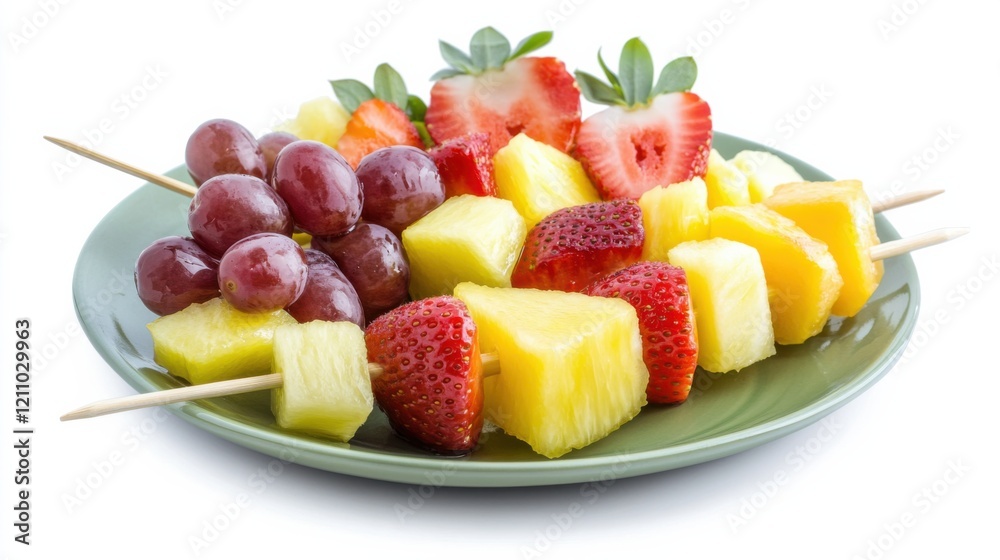 A plate of colorful fruit kabobs with chunks of pineapple, strawberries, grapes A plate of colorful fruit kabobs with chunks of pineapple, strawberries, grapes