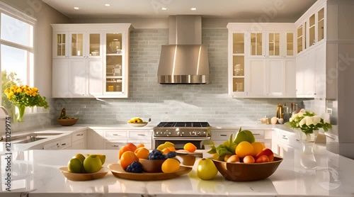 A bright, contemporary kitchen with white cabinets, gleaming stainless steel appliances, and a tiled backsplash