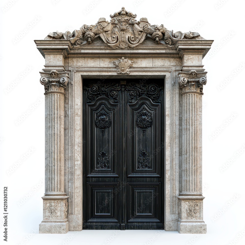 Fototapeta premium A classical door, with architectural elements of ancient Rome, white background, front view, fla