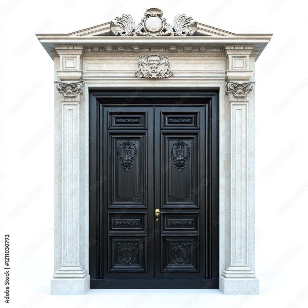 A classical door, with architectural elements of ancient Rome, white background, front view, fla