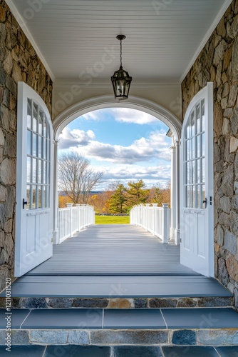 A front porch with stone accents and white doors leading to the entrance of an old colonial home in Easton. Perspective view from inside looking out through arched doorways