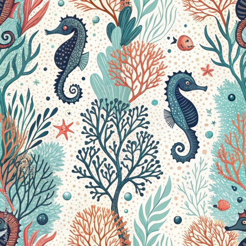 Underwater Ocean Life Seamless Pattern Sea Horses Coral Reef Aquatic Plants Marine Design