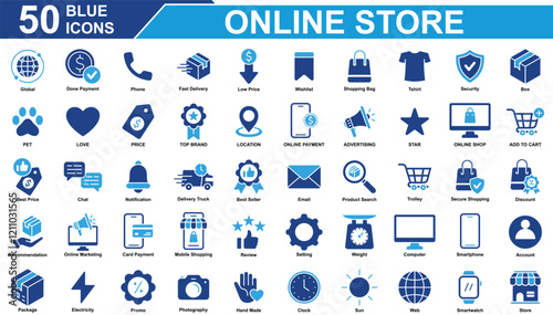 Online Store Icon Set Collection. Containing global, store, top brand, shopping bag, price, security, phone, done payment, online shop, best seller, package, web. Simple Blue Vector Illustration.