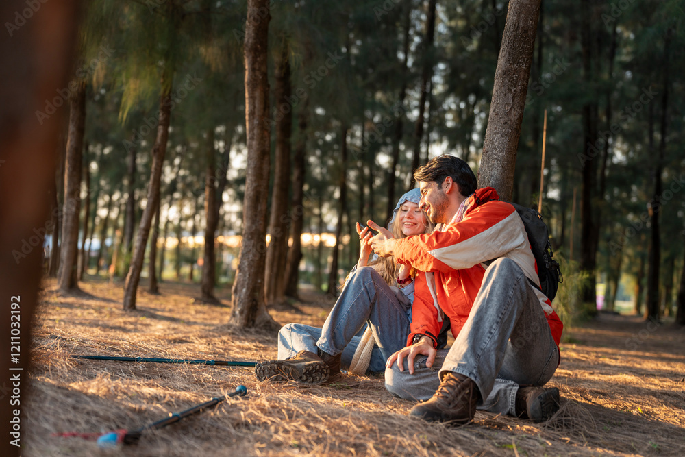 Couple sitting on the forest floor, enjoying a peaceful moment in the golden light of the setting sun. A serene outdoor scene of friendship, exploration, and nature's beauty. Couple sitting on the forest floor, enjoying a peaceful moment in the golden light of the setting sun. A serene outdoor scene of friendship, exploration, and nature's beauty.