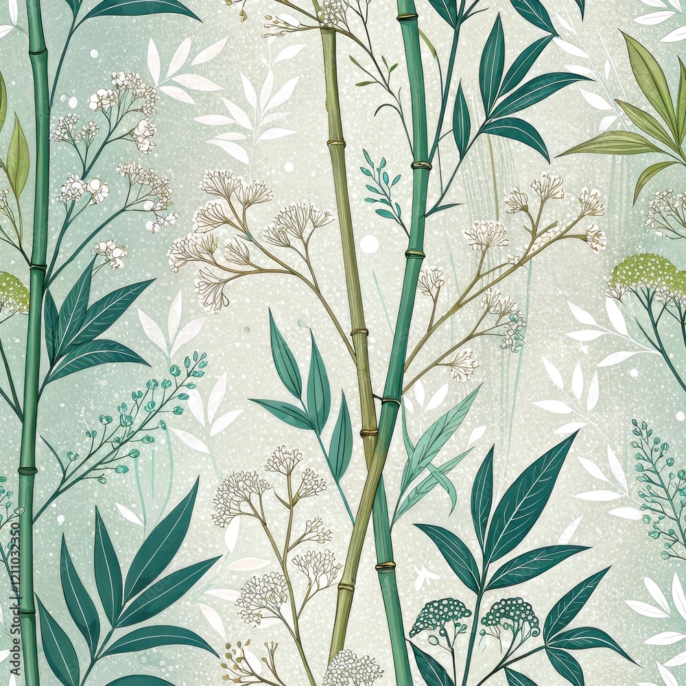 Fototapeta premium Elegant Teal Bamboo and Floral Botanical Seamless Pattern Design