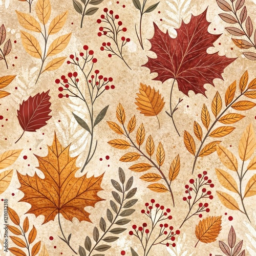 Autumnal Seamless Pattern Fall Leaves Branches Berries Design