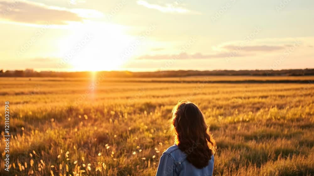 Backlit Portrait of calm happy smiling free woman looking away enjoys a beautiful moment life on the fields at sunset Backlit Portrait of calm happy smiling free woman looking away enjoys a beautiful moment life on the fields at sunset