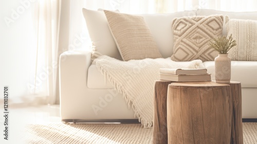 Close up of white sofa with beige pillows and wooden tree stump side table against window. Scandinavian interior design of modern living room, home.