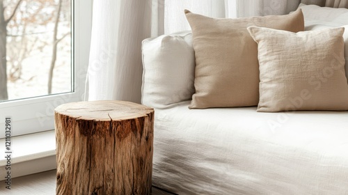 Close up of white sofa with beige pillows and wooden tree stump side table against window. Scandinavian interior design of modern living room, home.