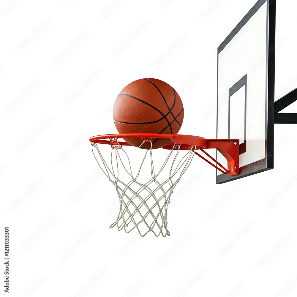 A basketball caught in a basketball net, with the net bulging outward , isolated white background A basketball caught in a basketball net, with the net bulging outward , isolated white background