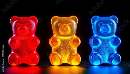 3 gummy bears, 1 red, 1 blue, 1 yellow the gummy bears glows from the inside out, hyper realistic, black background