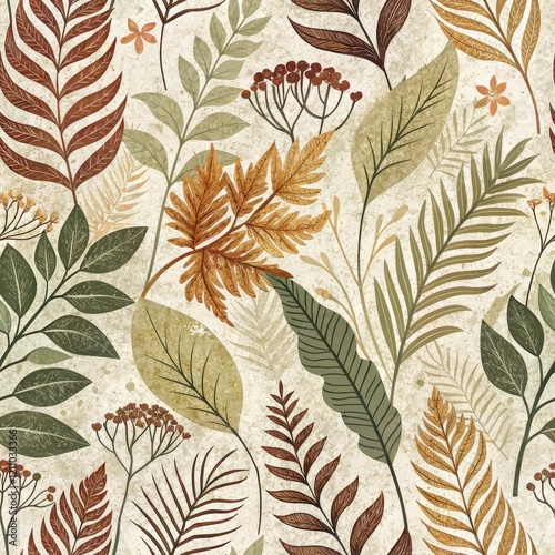Autumnal Botanical Seamless Pattern Earthy Tones Leaves and Floral Design for Fall Decor