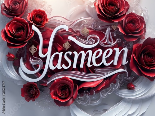 Mesmerizing 3D Art: 'Yasmeen' in Flowing Calligraphy, Immersed in Intricate Patterns and Surrounded by Beautiful Deep Blue Roses, Creating a Luxurious Visual Masterpiece photo