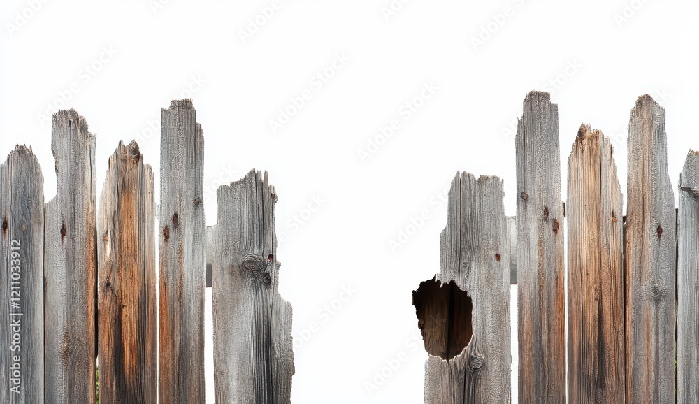 Obraz premium A broken wooden fence with a white background, a hole in the center of the wood.