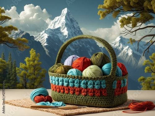 Handcrafted Crochet Hamper Filled with Vibrant Yarns and Threads, Set Against Majestic Mountain Peaks, Lush Green Trees, and Fluffy Clouds for a Serene, Nature-Inspired Crafting Scene photo