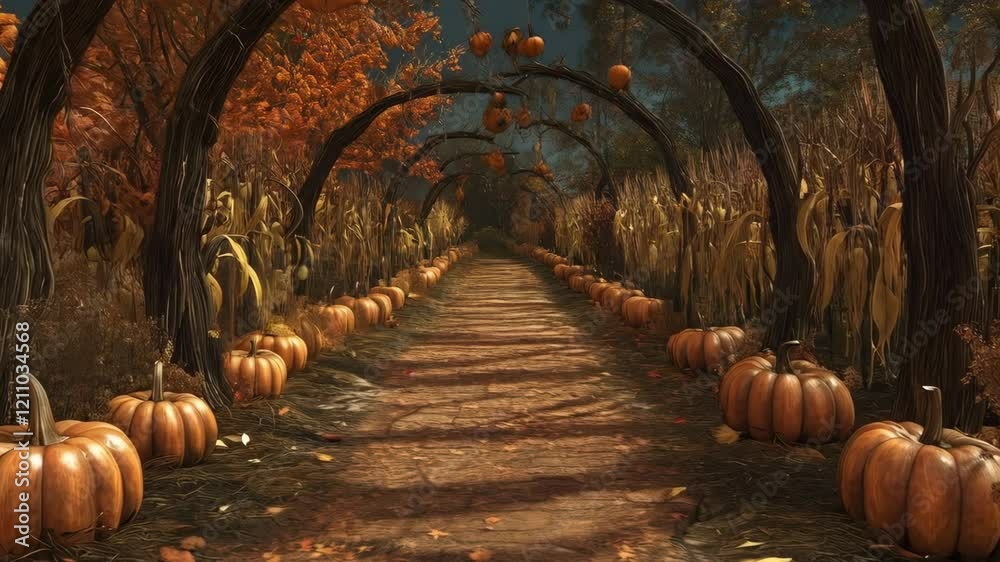 Enchanting autumn pathway lined with pumpkins under rustic arches