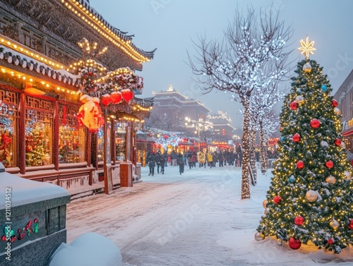 Festive winter scene in a traditional Chinese street adorned with Christmas decorations and lights photo