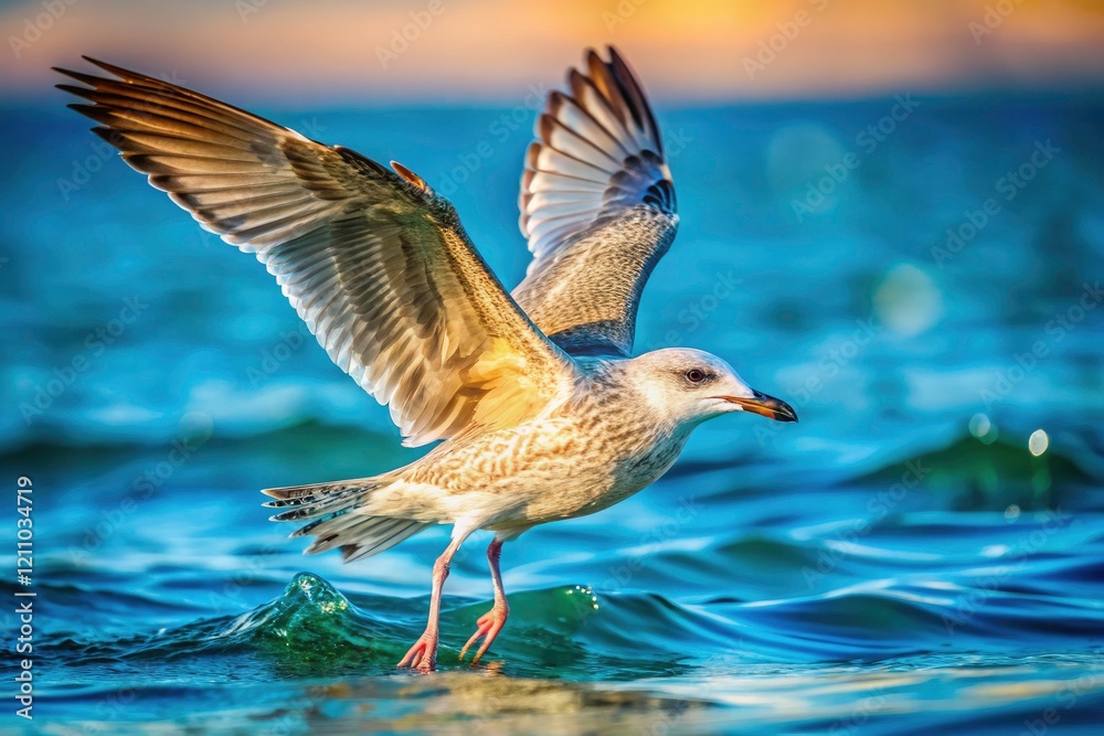Fototapeta premium Juvenile Herring Gull First Flight, Coastal Bird, Seabird Photography, Wildlife Image, Rule of Thirds Composition