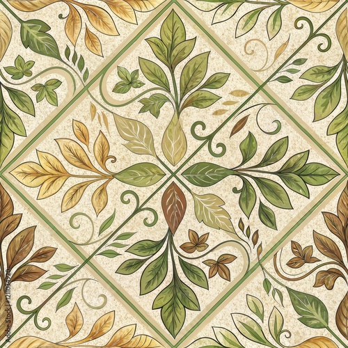 Elegant Beige and Green Botanical Tile Pattern Seamless Floral Design Vintage Leaf Texture