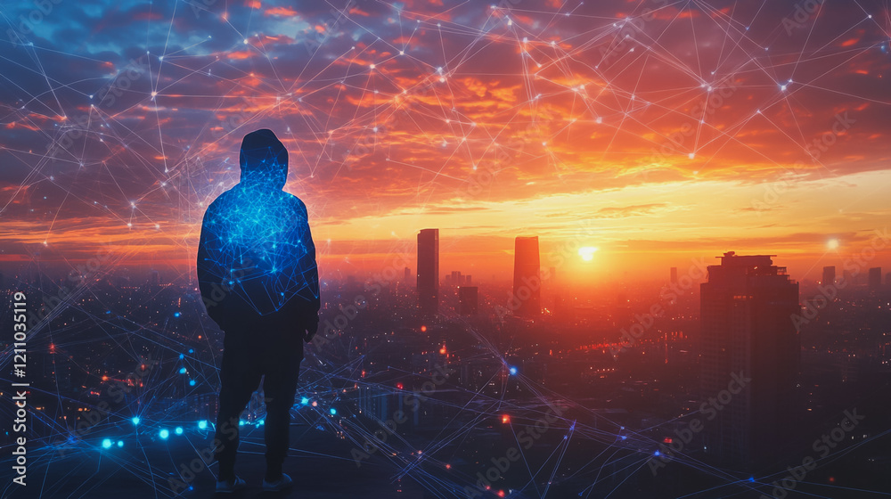 Fototapeta premium Hacker are planning to hack and attack networks and cyber security systems.Smart digital city with connection Innovation network reciprocity over the cityscape
