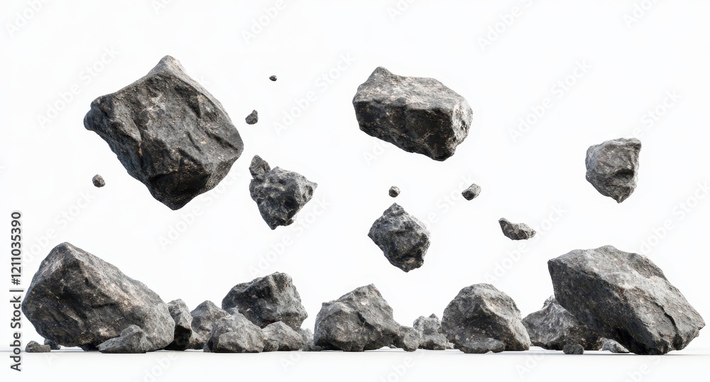 Naklejka premium Falling Rocks, white background, no shadows, high-resolution, ultra-realistic photograp
