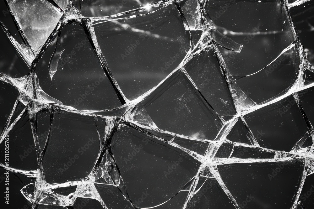 Shattered glass texture; monochrome image. Ideal for depicting destruction, fragility, or abstract concepts. Shattered glass texture; monochrome image. Ideal for depicting destruction, fragility, or abstract concepts.