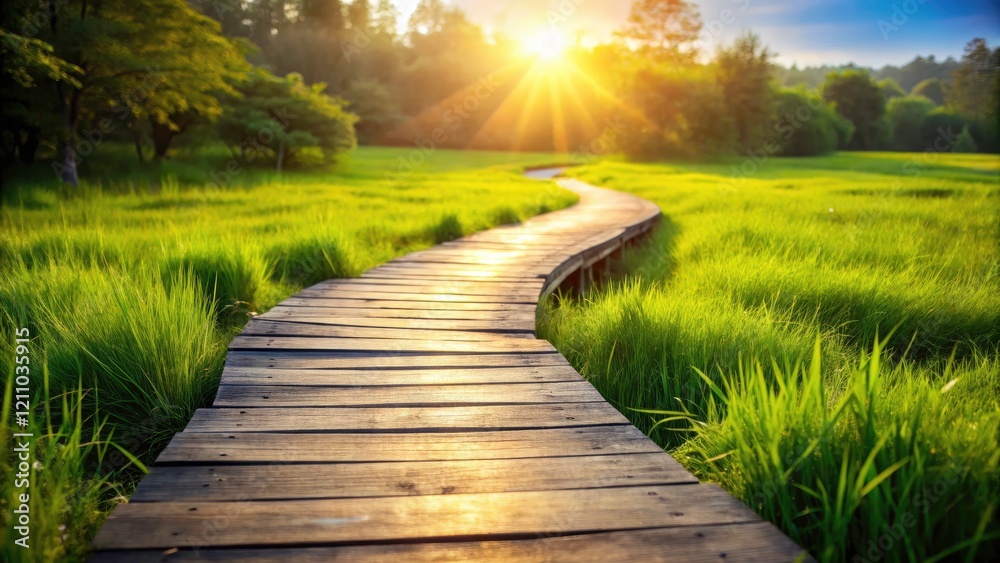 Fototapeta premium Long Exposure Photography: Wooden Plank Path, Lush Green Grass, Nature Walk, Summer Scenery, Peaceful Landscape