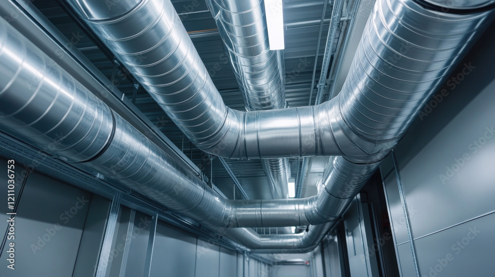 Obraz premium Metal air conditioning ducts in modern building create sleek, industrial look. shiny pipes reflect light, enhancing futuristic atmosphere