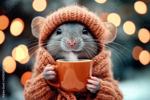 Hilarious animals. Zoo veterinary care. Happy cute baby animal rat in winter warm clothes, holding warm drink with rising steam in paws. Funny animal campaign. Wild animal release. photo