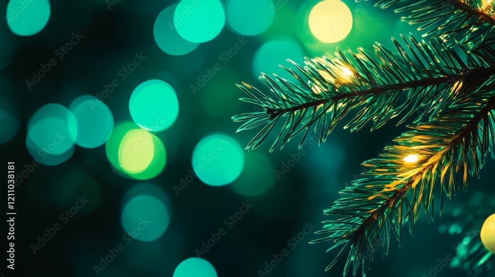 A close-up of a pine branch with soft, glowing light in a festive atmosphere. A close-up of a pine branch with soft, glowing light in a festive atmosphere.