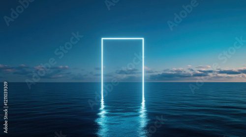 glowing doorway emerges from calm ocean, inviting exploration and wonder. serene blue hues create tranquil atmosphere