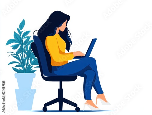 Woman working on laptop, home office setting