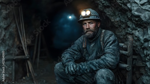 Miner Working in Dimly Lit Cave Underground Setting Portrait Focused Expression
