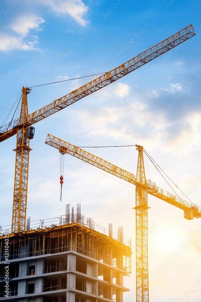 Construction cranes, bright sky background Construction cranes, bright sky background