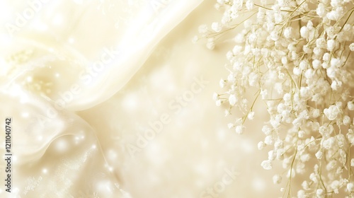 Delicate white flowers on beige silk fabric background