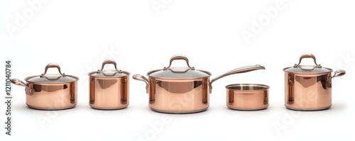 Copper cooking pots, white background