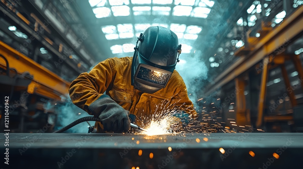 Welding Action in Industrial Workshop Sparks Flying Manufacturing Environment Close-Up Skilled Trade Welding Action in Industrial Workshop Sparks Flying Manufacturing Environment Close-Up Skilled Trade