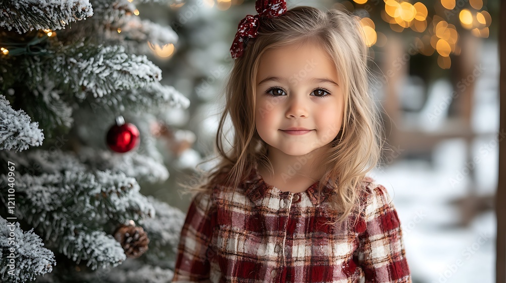 A young child is standing in front of a Christmas tree. A young child is standing in front of a Christmas tree.