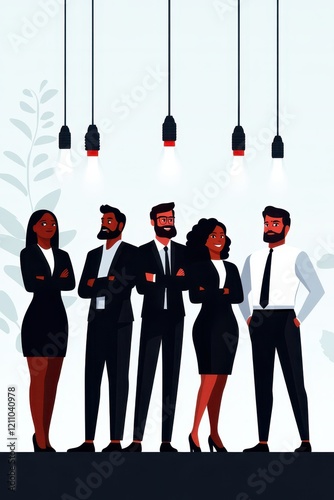 Diverse team standing confidently in suits.