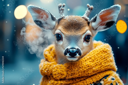 Social ad campaign - animal care. Problem of cold animals. Sad cute baby animal deer in winter warm clothes, frosty breath from nose and mouth in chilly air. Freezing wildlife patrol. photo