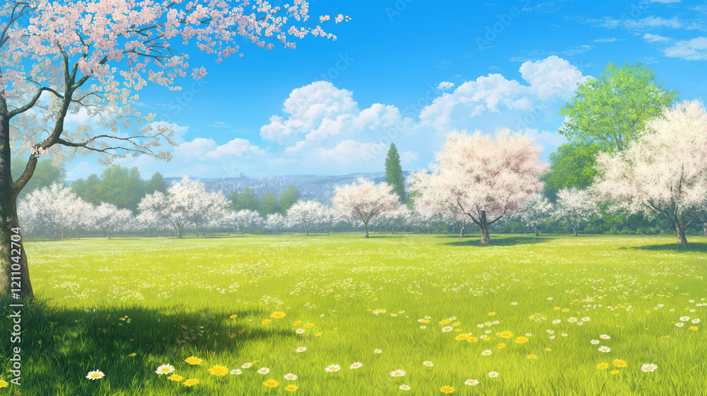 Sunny Spring Meadow with Blooming Cherry Blossoms, Vibrant Flowers, and Clear Blue Sky Sunny Spring Meadow with Blooming Cherry Blossoms, Vibrant Flowers, and Clear Blue Sky