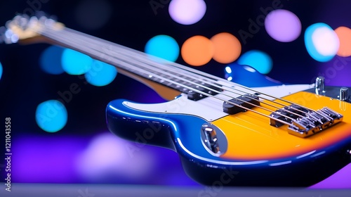 Close-up of a Blue and Orange Electric Bass Guitar on a Stage with Bokeh Lights photo