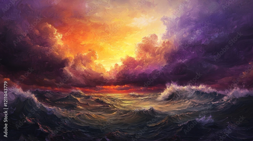 Fototapeta premium Dramatic sunset over stormy ocean, vibrant colors, waves.