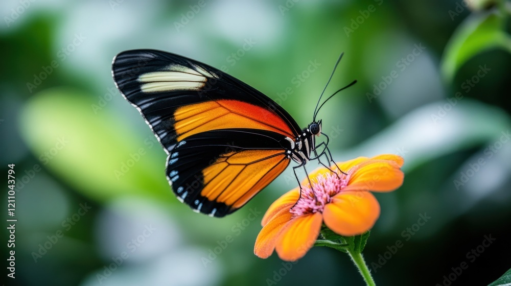 Close-up of a butterfly with striking orange, black and white wings resting on a bright orange flower Close-up of a butterfly with striking orange, black and white wings resting on a bright orange flower