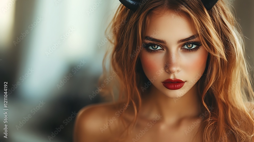 Attractive woman dressed as a devil for Halloween, complete with horns. Attractive woman dressed as a devil for Halloween, complete with horns.