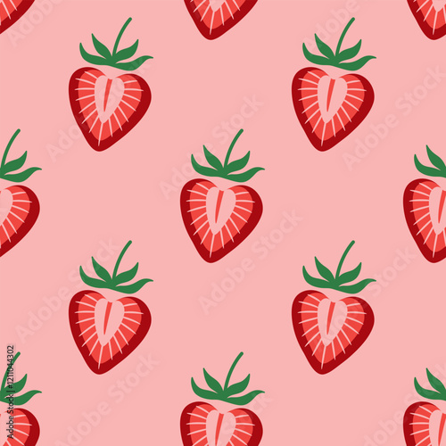 Cute Valentines Day seamless pattern with heart shaped strawberry on a pastel pink background. Bright red strawberry halves vector pattern. Can be used as a wrapping paper, textile print, wallpaper