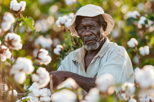 African Slave Picking Cotton on plantation field showcasing struggles of exploitation and servitude during colonial times photo