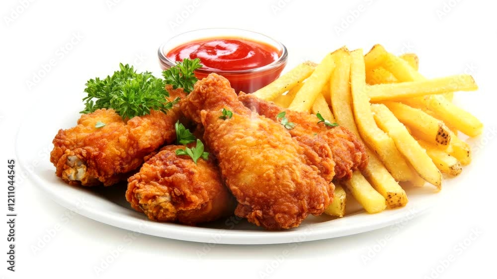 fried chicken and French fries with on white plate food video stock for advertisement fried chicken and French fries with on white plate food video stock for advertisement