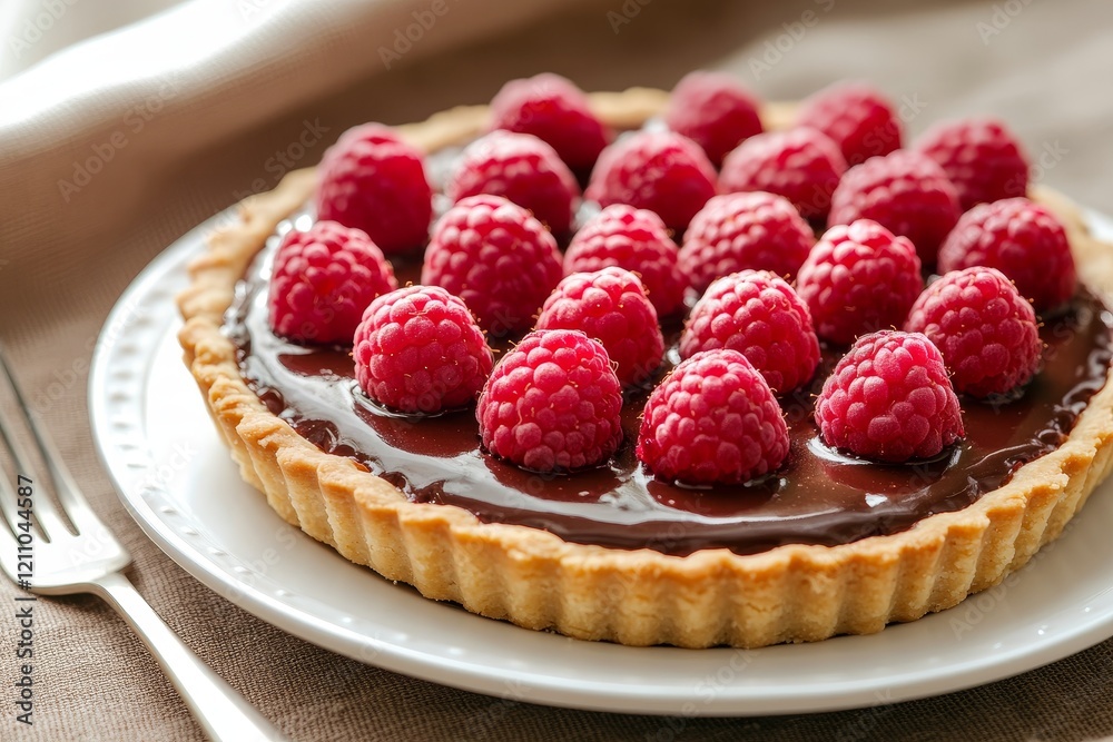 Chocolate tart topped with fresh raspberries on a white plate. Chocolate tart topped with fresh raspberries on a white plate.