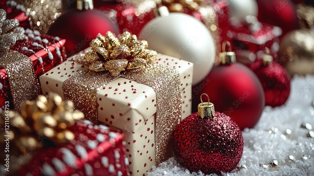 Festive Christmas Gifts and Ornaments in Red and Gold Festive Christmas Gifts and Ornaments in Red and Gold